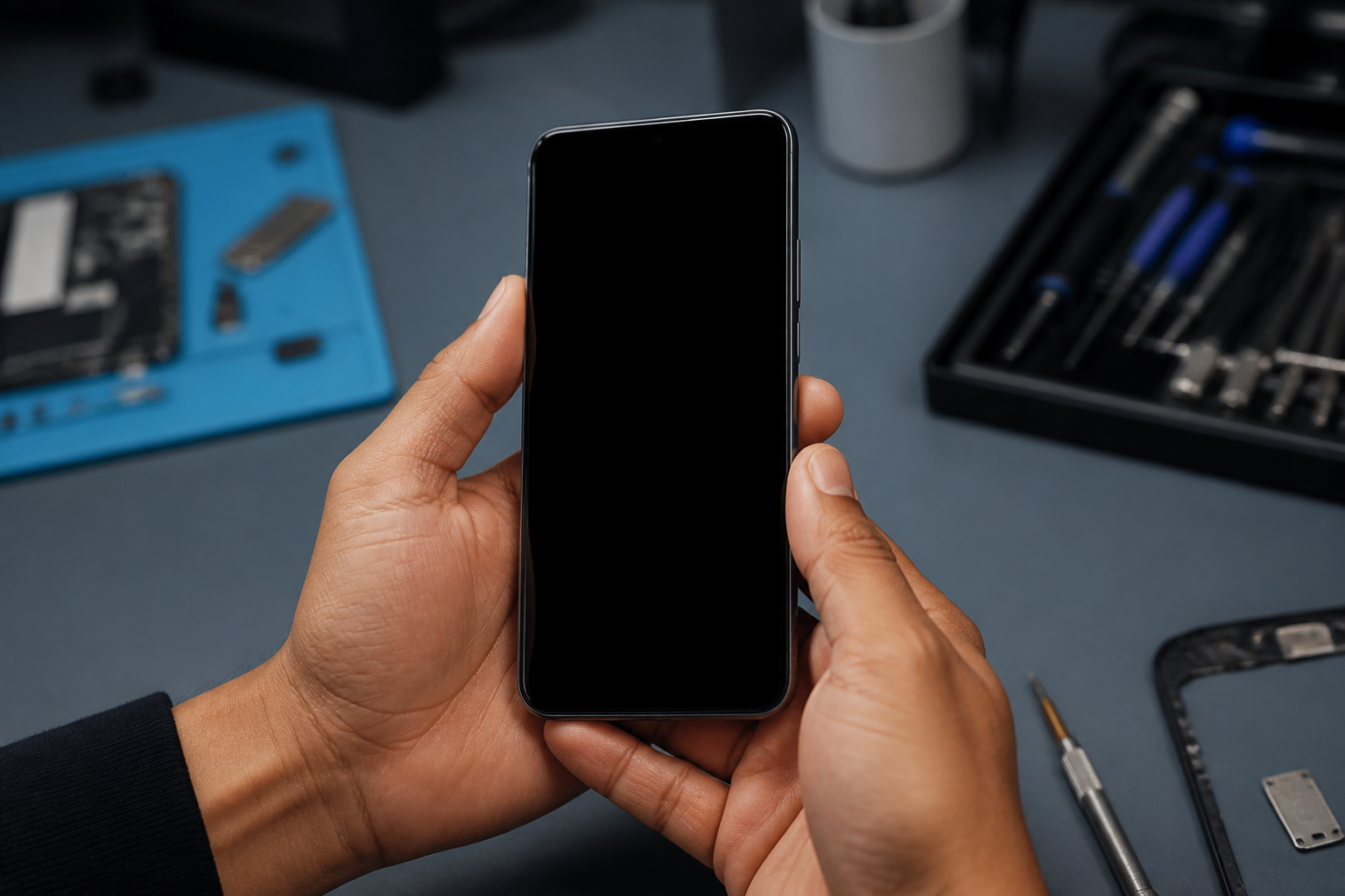 Persona sosteniendo un Redmi Note 15 Pro 5G con la pantalla completamente negra