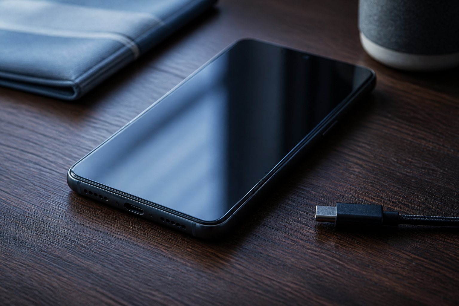 Samsung Galaxy S22 Ultra sobre una mesa con cable USB-C y batería baja