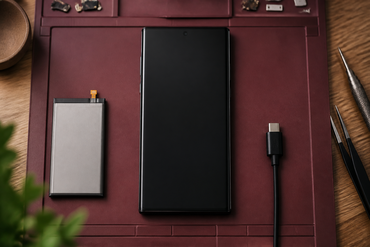 Samsung en el centro con cable USB-C ilustrando diagnóstico de batería o conector