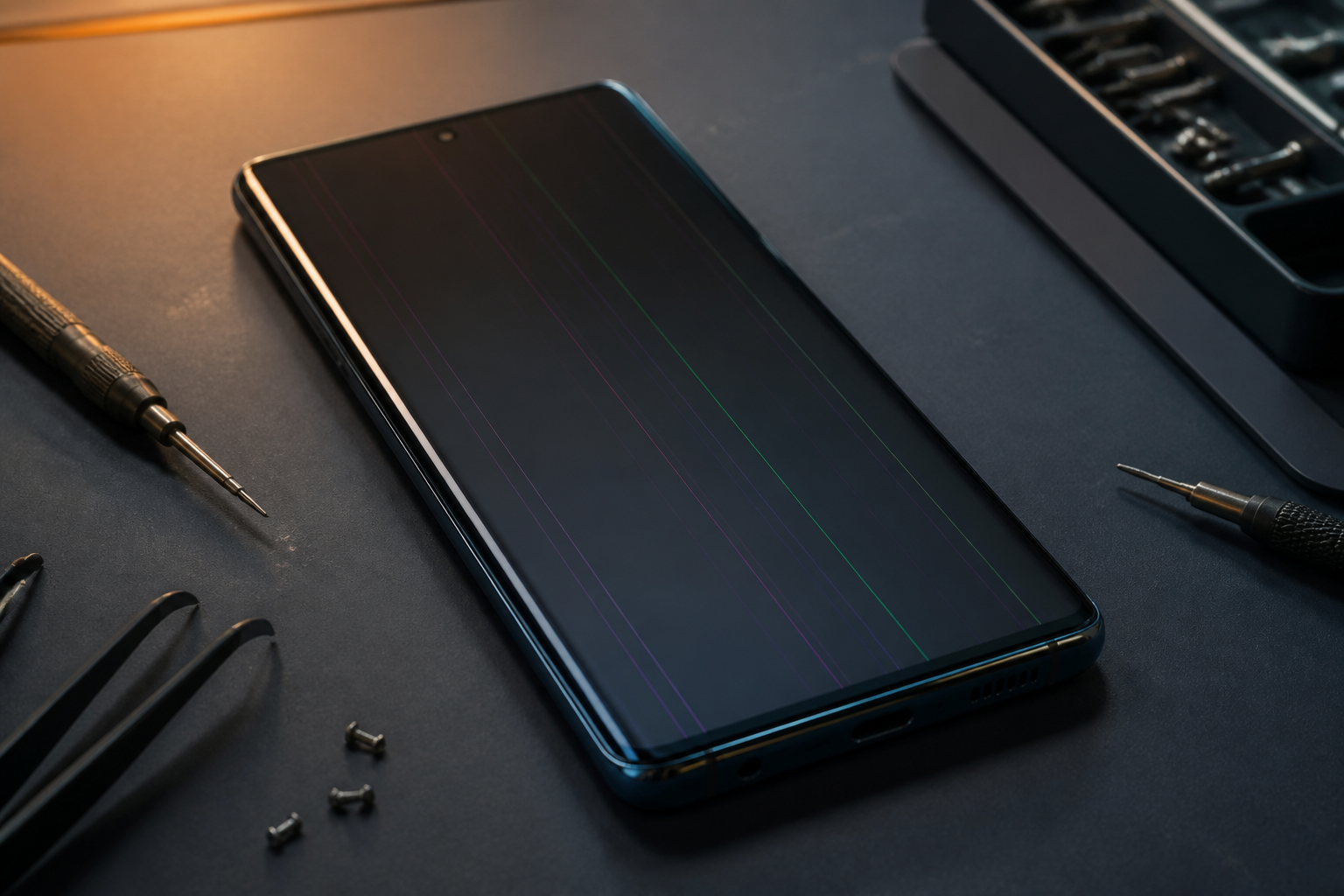 Pantalla AMOLED de Samsung con líneas verticales sobre esterilla de reparación