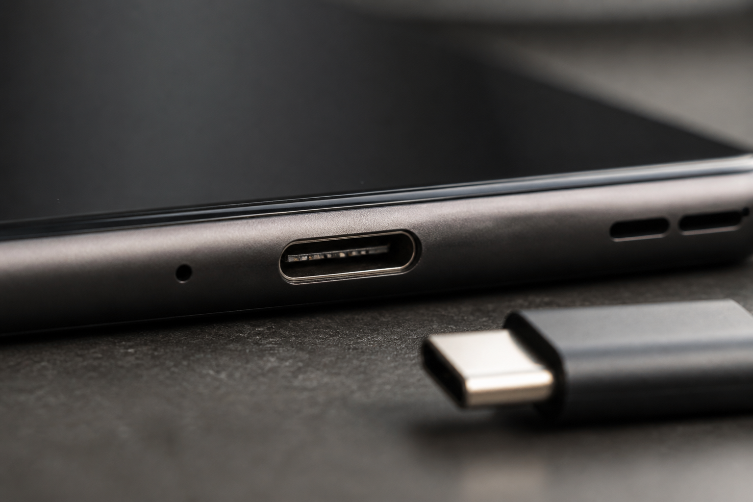 Detalle del puerto USB-C de un Samsung con cable de carga