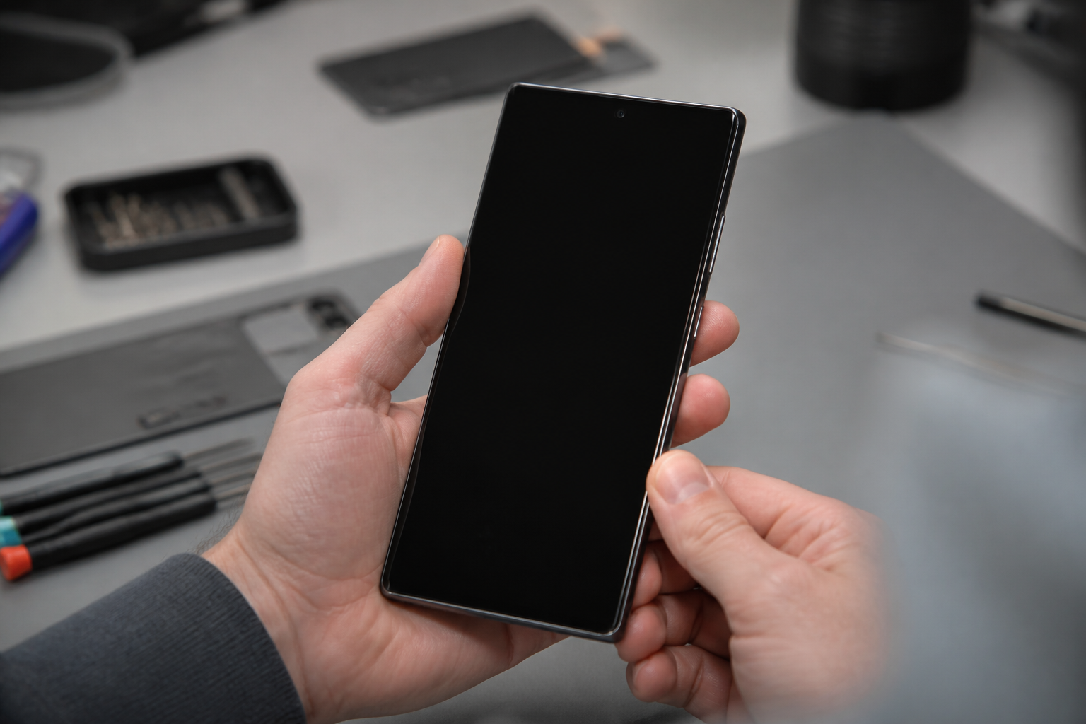 Persona sosteniendo un Samsung con la pantalla completamente negra