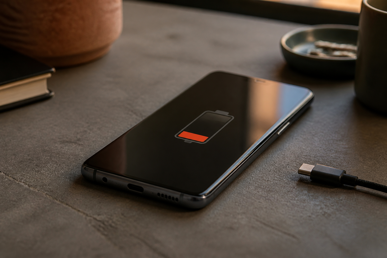 Samsung Galaxy S23 Ultra sobre una mesa con cable USB-C y batería baja