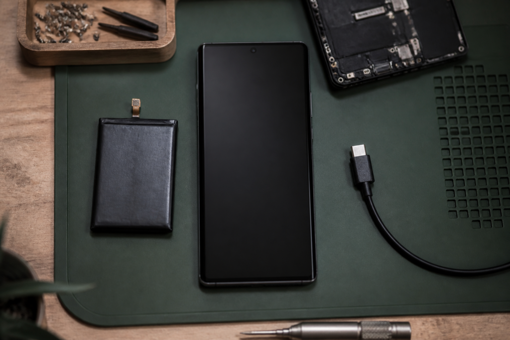 Samsung en el centro con cable USB-C ilustrando diagnóstico de batería o conector