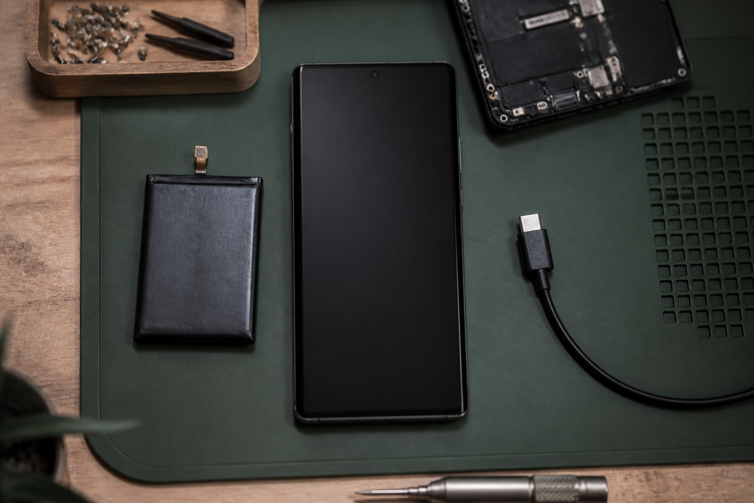 Samsung en el centro con cable USB-C ilustrando diagnóstico de batería o conector