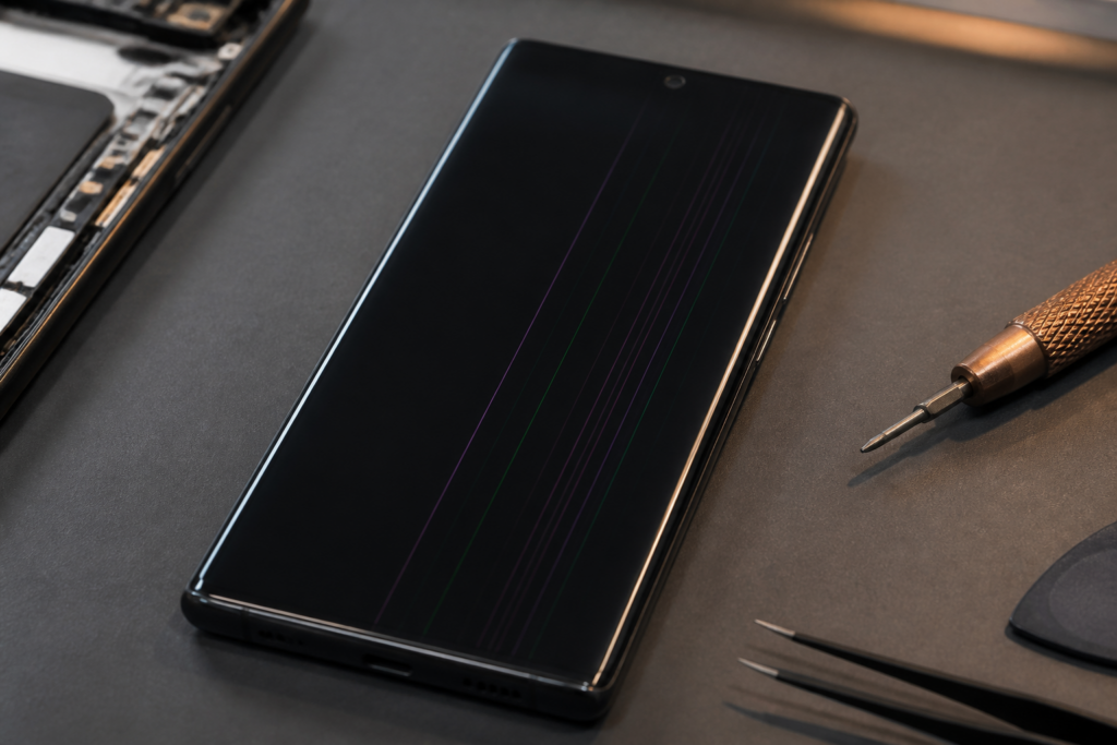 Pantalla AMOLED de Samsung con líneas verticales sobre esterilla de reparación