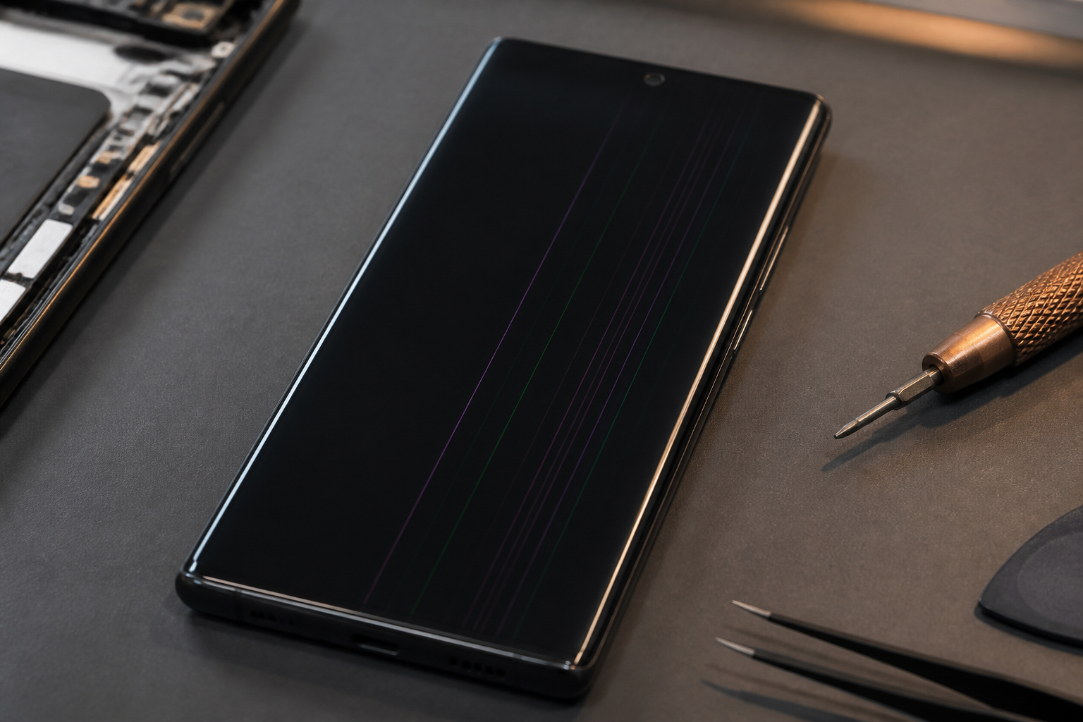 Pantalla AMOLED de Samsung con líneas verticales sobre esterilla de reparación