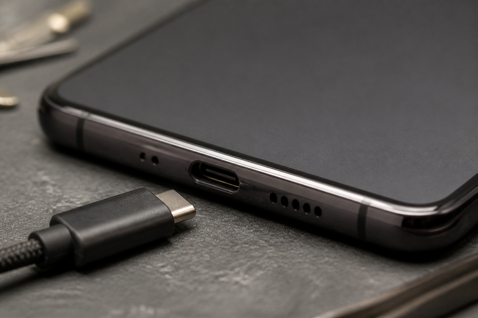 Detalle del puerto USB-C de un Samsung con cable de carga