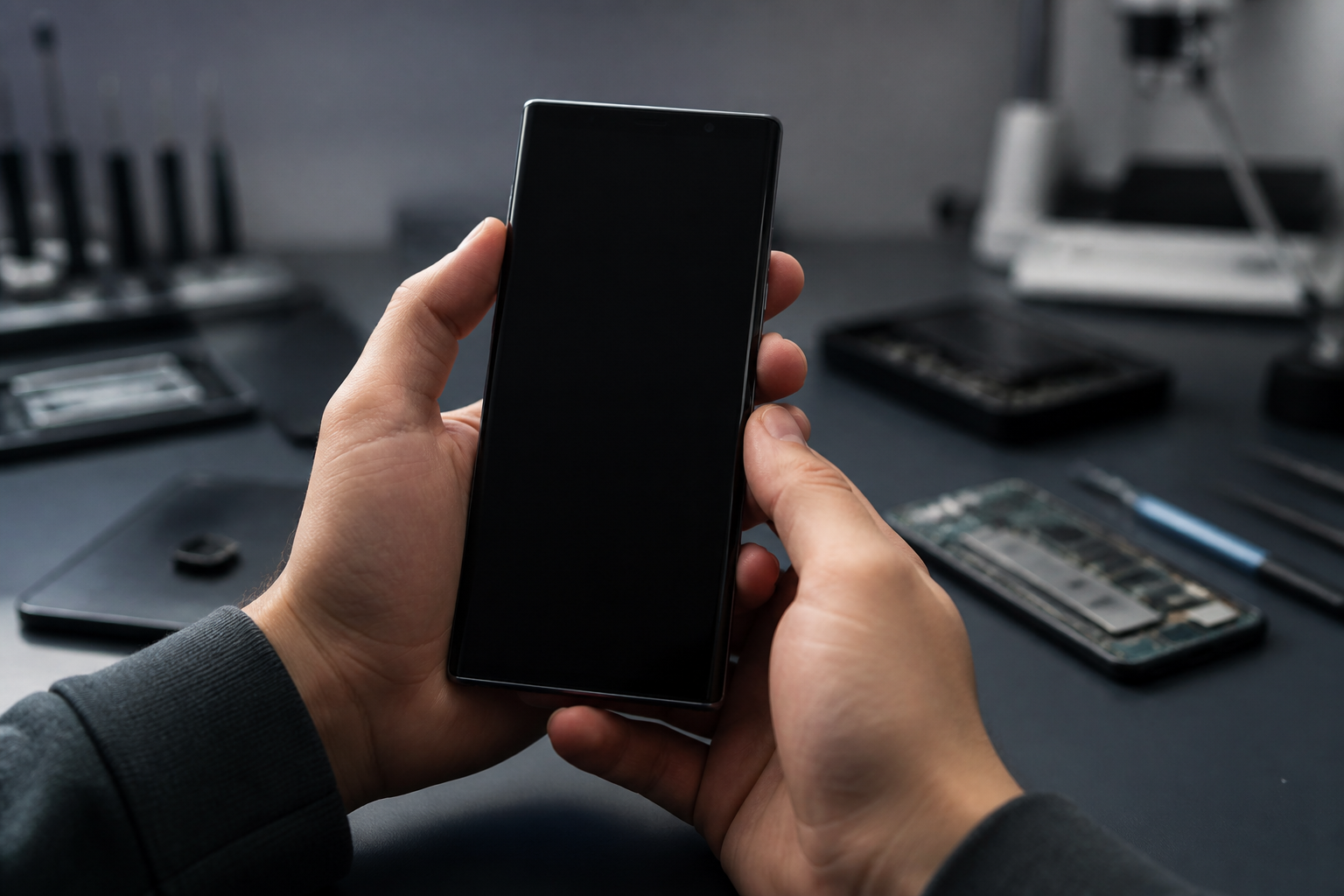 Persona sosteniendo un Samsung con la pantalla completamente negra