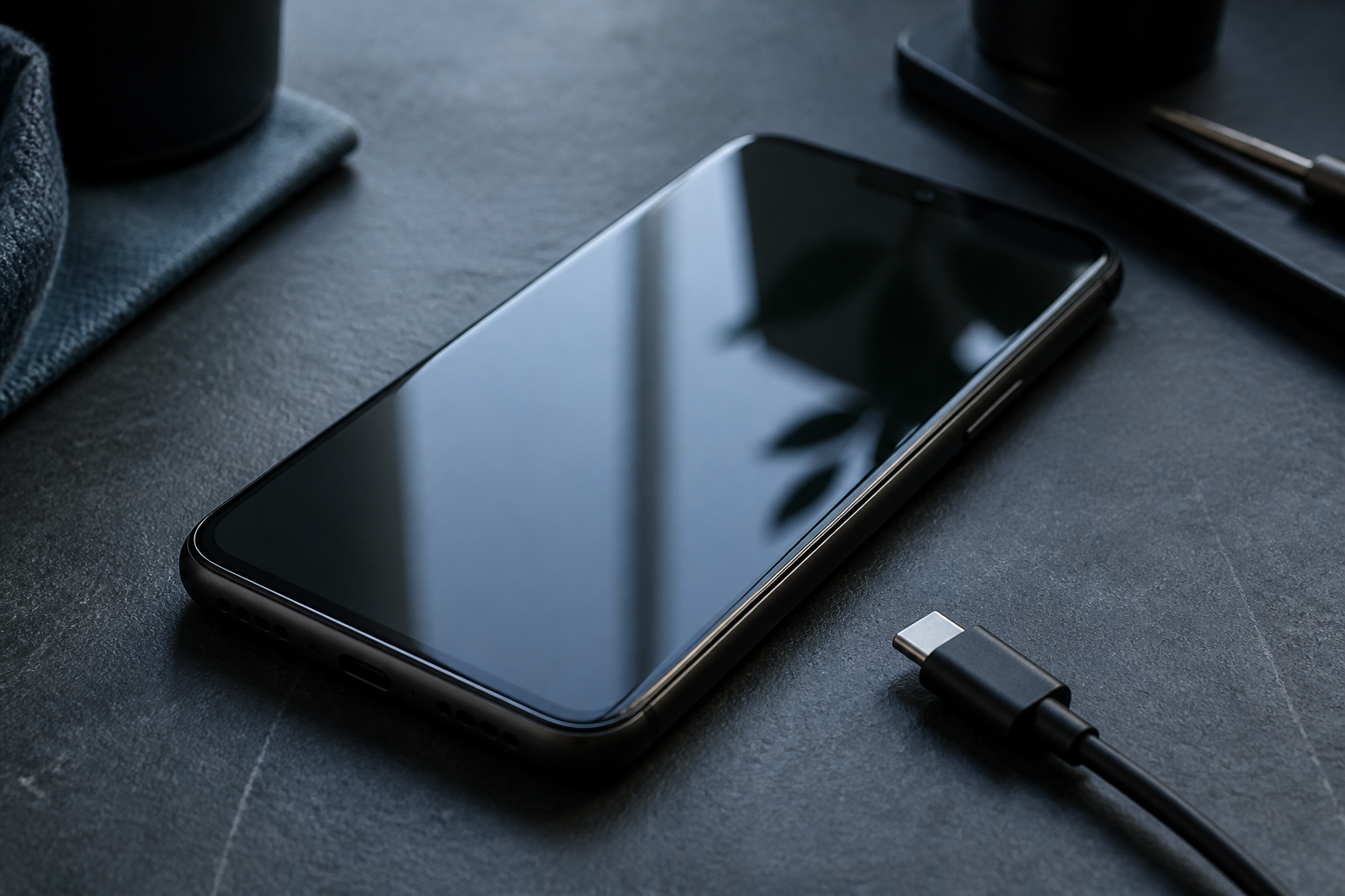 Samsung Galaxy S24 Ultra sobre una mesa con cable USB-C y batería baja