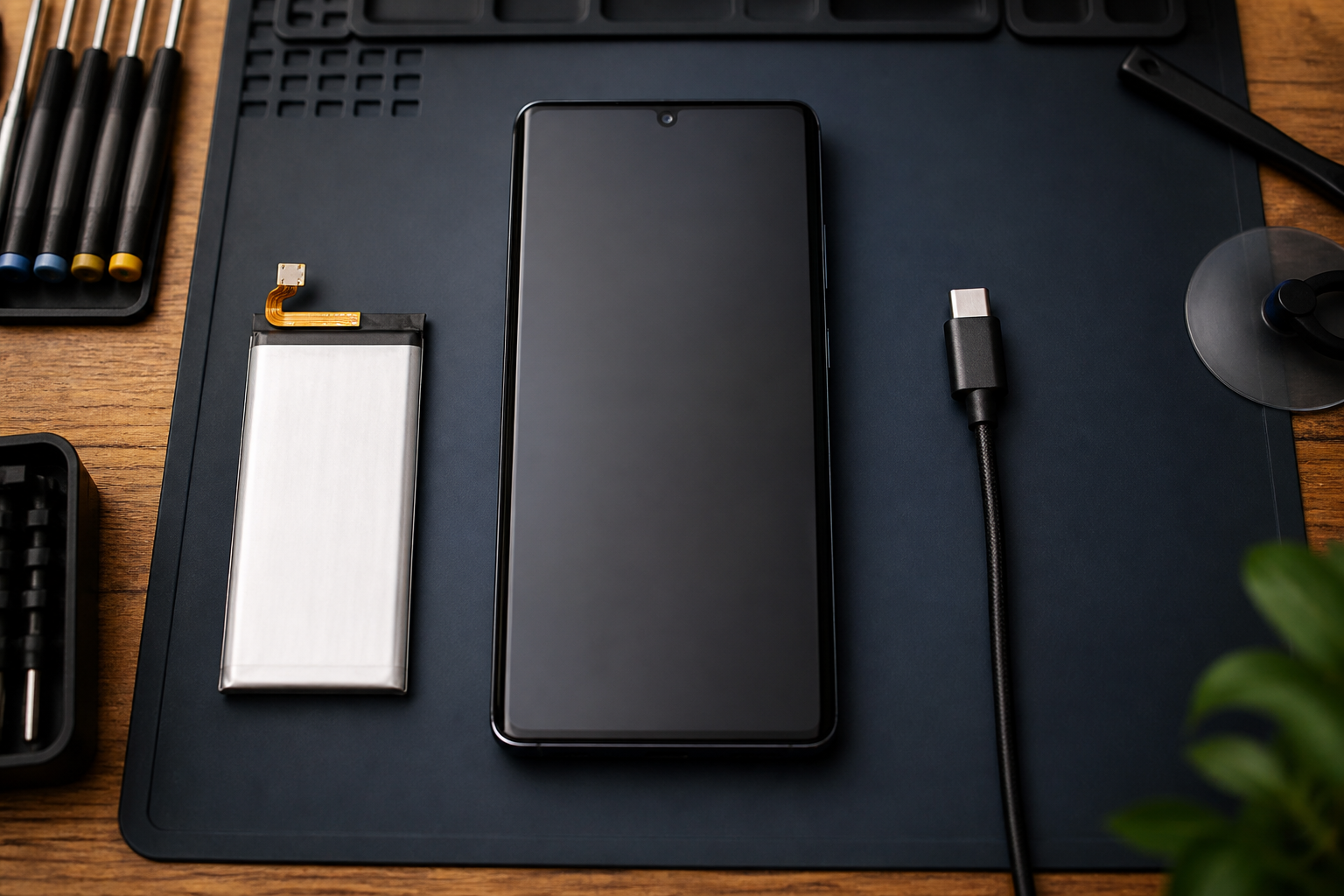 Samsung en el centro con cable USB-C ilustrando diagnóstico de batería o conector