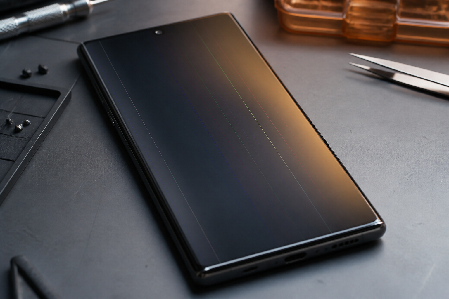 Pantalla AMOLED de Samsung con líneas verticales sobre esterilla de reparación