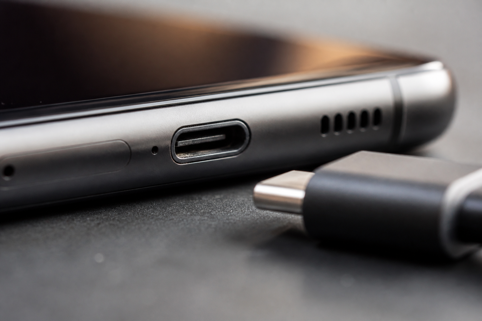Detalle del puerto USB-C de un Samsung con cable de carga