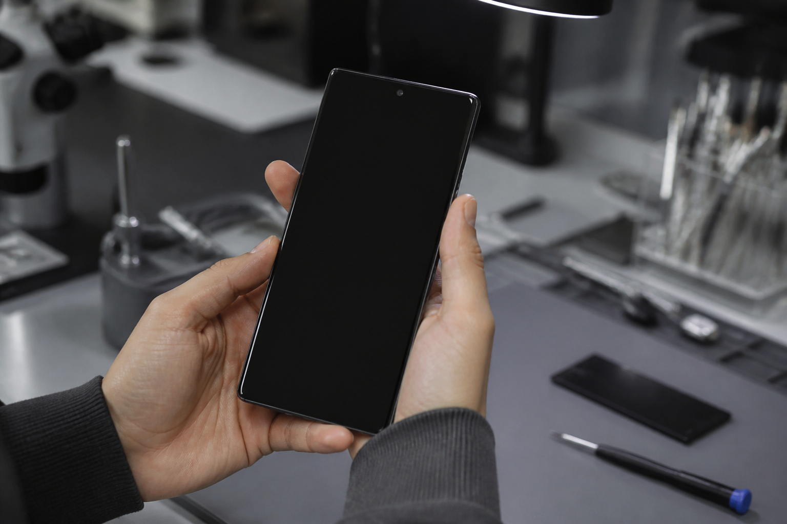 Persona sosteniendo un Samsung con la pantalla completamente negra