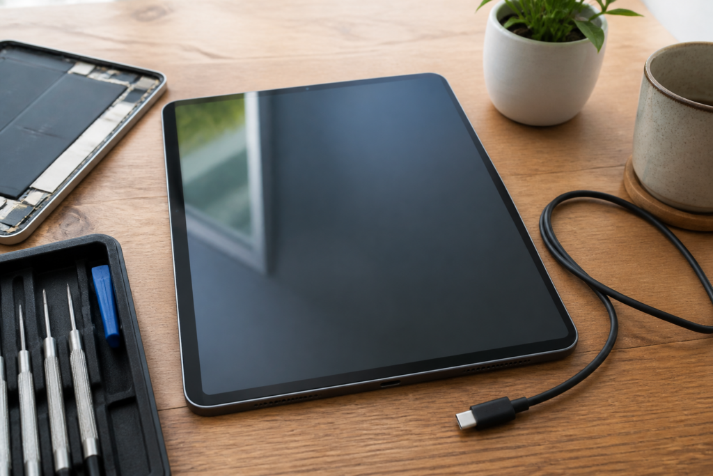 Galaxy Tab S10 Ultra en el centro con cable USB-C ilustrando diagnóstico de batería o conector