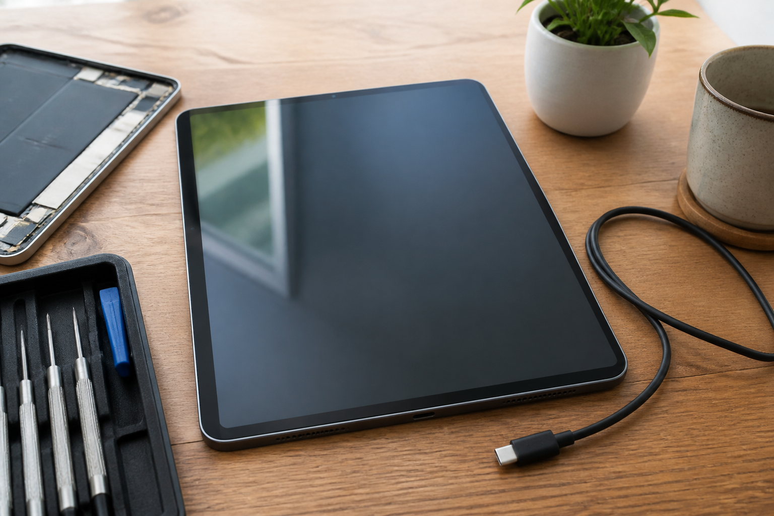 Galaxy Tab S10 Ultra en el centro con cable USB-C ilustrando diagnóstico de batería o conector