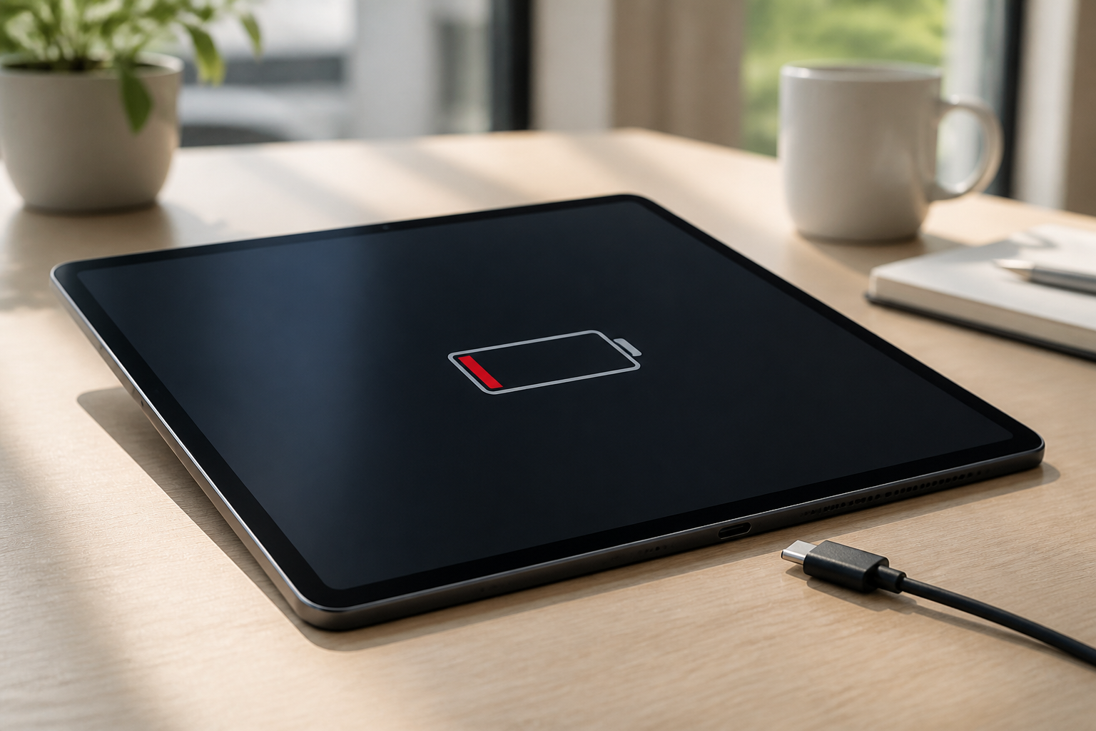 Samsung Galaxy Tab S10 Ultra sobre una mesa con cable USB-C y batería baja