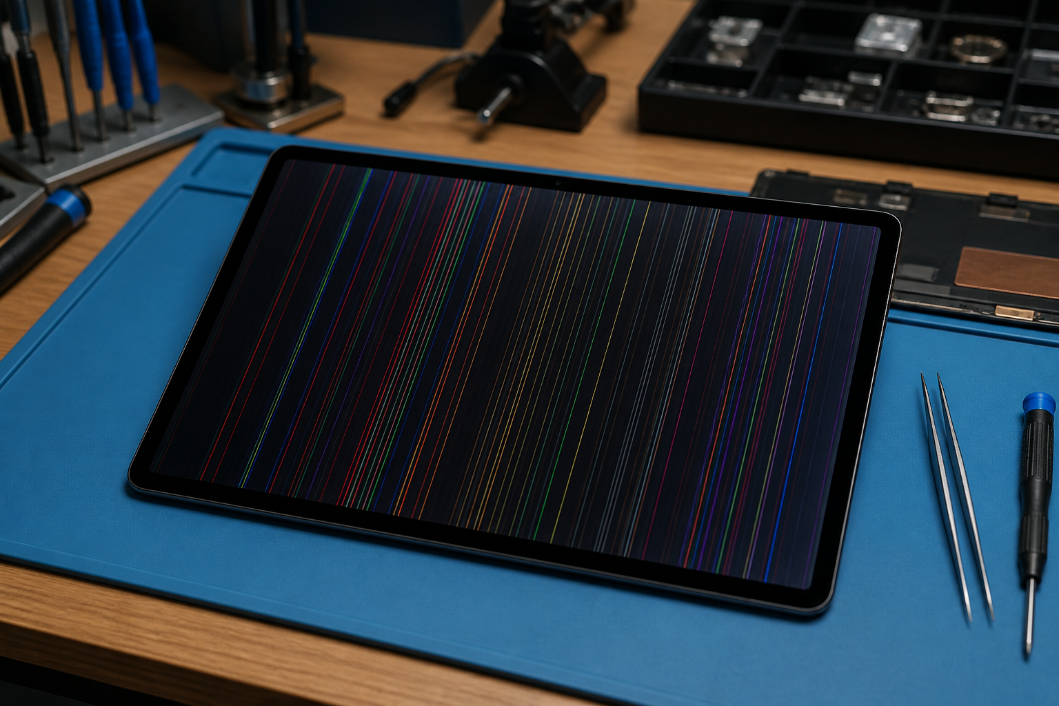 Pantalla de Galaxy Tab S10 Ultra con líneas sobre esterilla de reparación