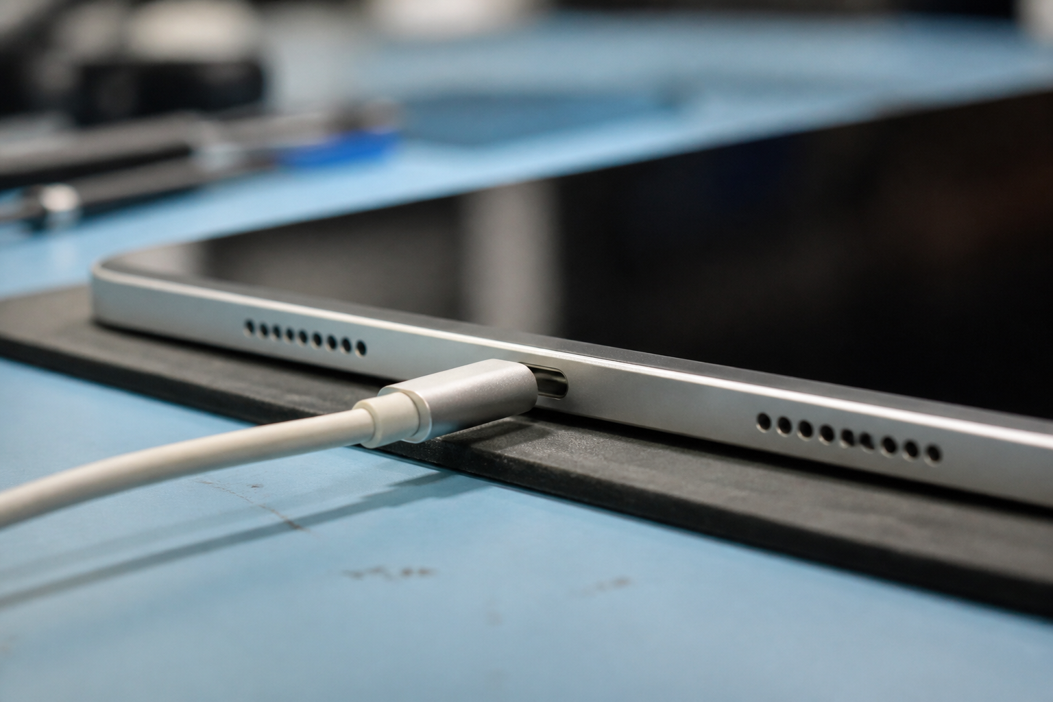 Detalle del puerto USB-C de una Galaxy Tab S10 Ultra con cable de carga
