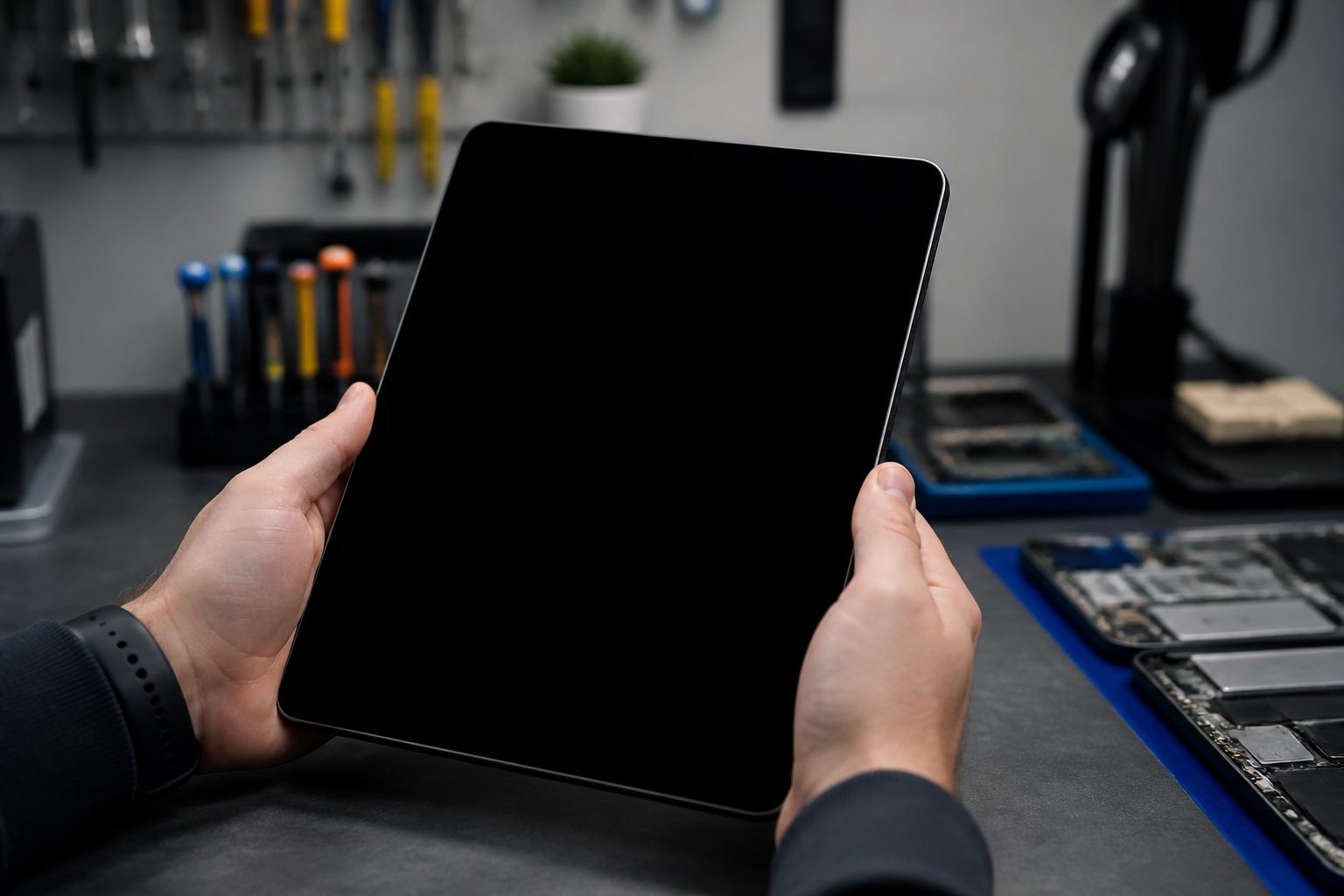 Persona sosteniendo una Galaxy Tab S10 Ultra con la pantalla completamente negra
